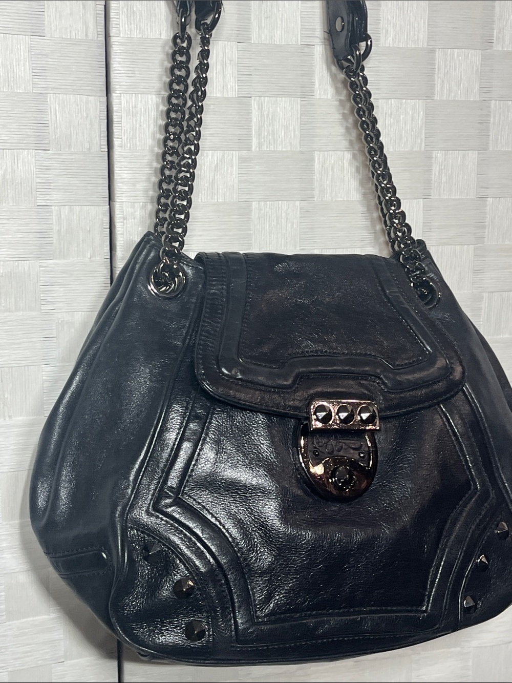 Betsey Johnson Black Leather Shoulder Bag with Gun Metal Chain Straps Beautiful
